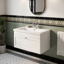 Balterley Swynnerton Traditional 1 Drawer Wall Hung Vanity Unit With Fireclay Basin, Satin White, 800mm - thumbnail 2