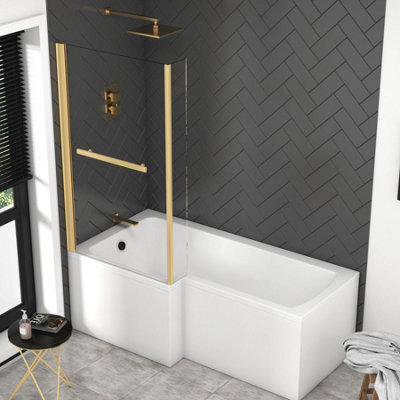Royal Bathrooms Qubix 1600 X 850mm Acrylic Left Hand L-Shaped Shower Bathtub With Front, End Panel & Brushed Brass Towel Rail Screen - image 1