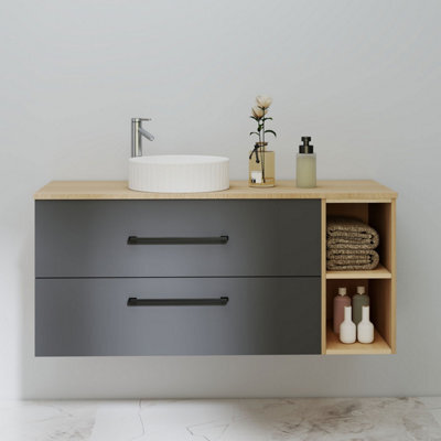 Probaty Bathrooms 1200X460mm Vanity Unit Anthracite And Wood Color Mdf,wall Mounted,2 Drawers With Ceramic Basin(Wavy Patterns) - image 1