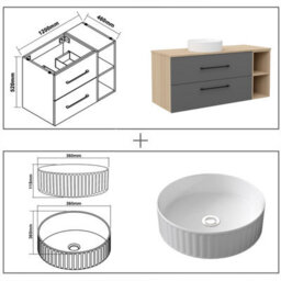 Probaty Bathrooms 1200X460mm Vanity Unit Anthracite And Wood Color Mdf,wall Mounted,2 Drawers With Ceramic Basin(Wavy Patterns) - thumbnail 9