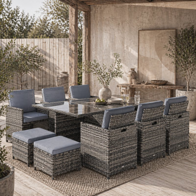Wyld Haus Tasuke Mixed Grey 10-Seater Rattan Cube Garden Dining Set With Cushions And Rectangular Glass Table - image 1
