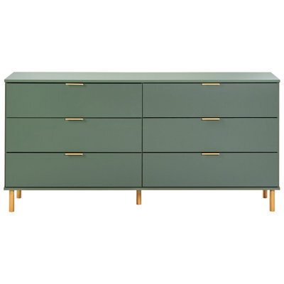 Wyld And Coco 6-Drawer Chest With Green-Gold Accents And Solid Wood Legs, Wide Matt Finish, 1580mm. - image 1