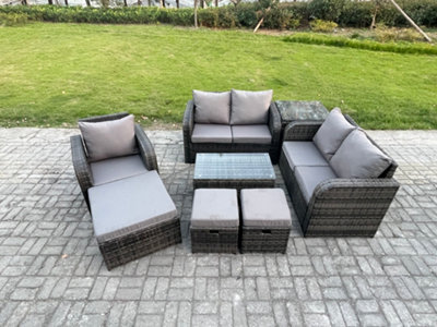Fimous Rattan Garden Furniture Set With Loveseat Sofa Coffee Table 3 Footstools Side Table Indoor Outdoor Patio Lounge Sofa Set - image 1