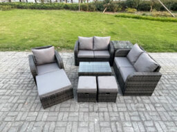 Fimous Rattan Garden Furniture Set With Loveseat Sofa Coffee Table 3 Footstools Side Table Indoor Outdoor Patio Lounge Sofa Set - thumbnail 1