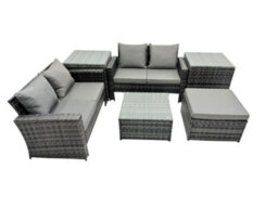 Fimous Pe Rattan Garden Furniture Set Lounge Double Seat Sofa Coffee Table Set With 2 Side Tables Big Stool Dark Grey Mixed - thumbnail 2