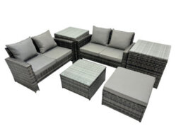 Fimous Pe Rattan Garden Furniture Set Lounge Double Seat Sofa Coffee Table Set With 2 Side Tables Big Stool Dark Grey Mixed - thumbnail 1