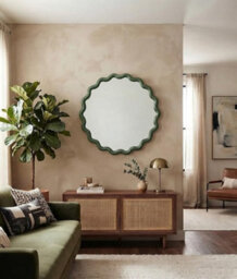 Biznest Round Wavy Green Edges Style Wall Hanging Mirror Plastic Framed Playful Home Furniture Decor Large Display 49.5X49.5X2.5Cm - thumbnail 1