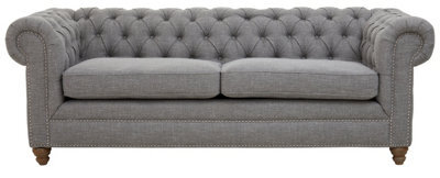 Orsina Three Seat Grey Linen Sofa, Button Tufted Chesterfield Back With Scrolled Arms, Upholstered 3 Seater - image 1
