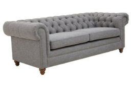 Orsina Three Seat Grey Linen Sofa, Button Tufted Chesterfield Back With Scrolled Arms, Upholstered 3 Seater - thumbnail 4