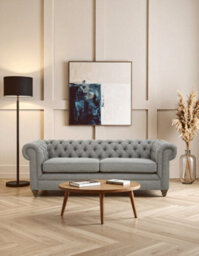 Orsina Three Seat Grey Linen Sofa, Button Tufted Chesterfield Back With Scrolled Arms, Upholstered 3 Seater - thumbnail 5