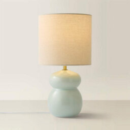 Valuelights Kendal Natural Linen Drum Shade Blue Glazed Ceramic Table Lamp - thumbnail 3