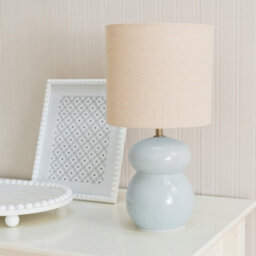 Valuelights Kendal Natural Linen Drum Shade Blue Glazed Ceramic Table Lamp - thumbnail 5