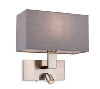 Luminosa Lighting Luminosa Raffles Wall Lamp With Adjustable Switched Reading Light Brushed Steel With Grey Shade
