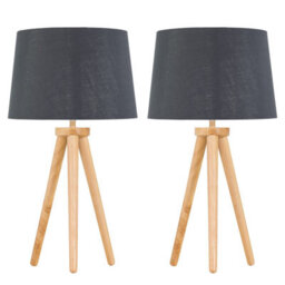 First Choice Lighting Set Of 2 Light Oak Table Lamp Or Bedside Lights With Grey Silver Shade