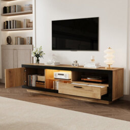 Tv Stand With 1 Drawer, 1 Door And Led Lights, Wood & Black - thumbnail 3