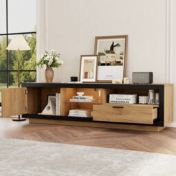 Tv Stand With 1 Drawer, 1 Door And Led Lights, Wood & Black - thumbnail 6