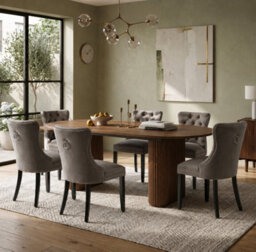 HomeTouch Bistro Walnut Wood Effect Extendable Dining Table With Fluted Wood Legs, Farmhouse Silver Oak Kitchen Table Oval Dinner Tables - thumbnail 4