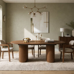 HomeTouch Bistro Walnut Wood Effect Extendable Dining Table With Fluted Wood Legs, Farmhouse Silver Oak Kitchen Table Oval Dinner Tables - thumbnail 2
