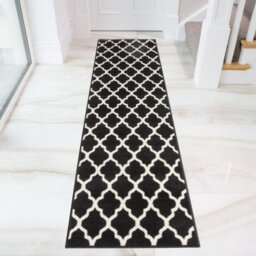 Loomed Black White Monochrome Classic Trellis Living Room Runner Rug 60X240Cm - thumbnail 1