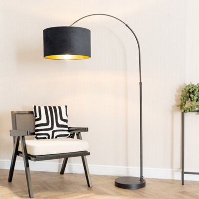 Valuelights Louis Black Arched Floor Lamp With Black Velvet Drum Metallic Gold Inner Shade And Led Bulb - image 1