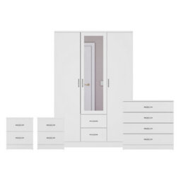 Lassic Vida Designs Riano 4 Piece Bedroom Set (2 Drawer Bedside Chest, 4 Drawer Chest, 3 Door 2 Drawer Mirrored Wardrobe), White - thumbnail 8