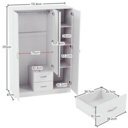 Lassic Vida Designs Riano 4 Piece Bedroom Set (2 Drawer Bedside Chest, 4 Drawer Chest, 3 Door 2 Drawer Mirrored Wardrobe), White - thumbnail 3