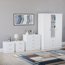 Lassic Vida Designs Riano 4 Piece Bedroom Set (2 Drawer Bedside Chest, 4 Drawer Chest, 3 Door 2 Drawer Mirrored Wardrobe), White - thumbnail 6