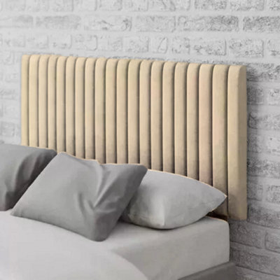 "Urban Textures - Luxury 20"" High Velvet Fabric Upholstered Vertical Thin Lines Headboard - Cream" - image 1