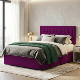 Slumbre Diamond Cut Bumper Plush Velvet Divan Bed, Headboard & Mattress - 3Ft Single - Burgundy - 2 Drawers Same Side