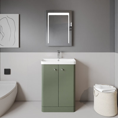 Balterley Flashbrook Modern Bathroom Floor Standing 2 Door Vanity Unit Basin, Satin Green, 605mm - image 1