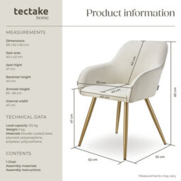 Tectake 1 Dining Chair Marilyn - Corduroy Look, Upholstered, Armchair, Continuous Backrest  - Cream/gold - thumbnail 6