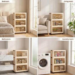 Darphe Foldable Cream Plastic 3 Tier Rolling Plastic Storage Cabinet With Magnetic Doors - thumbnail 7