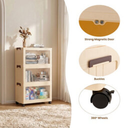 Darphe Foldable Cream Plastic 3 Tier Rolling Plastic Storage Cabinet With Magnetic Doors - thumbnail 6
