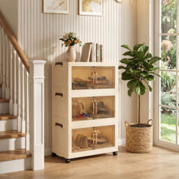 Darphe Foldable Cream Plastic 3 Tier Rolling Plastic Storage Cabinet With Magnetic Doors - thumbnail 1