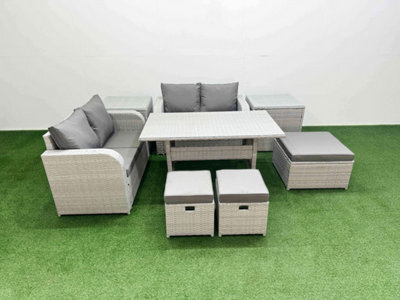 Fimous 7 Seater Outdoor Love Sofa Set Rattan Garden Furniture Set Rectangular Dining Table 3 Footstool 2 Side Tables Light Grey - image 1