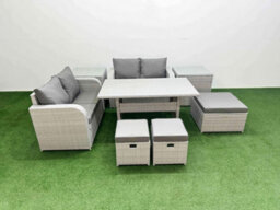 Fimous 7 Seater Outdoor Love Sofa Set Rattan Garden Furniture Set Rectangular Dining Table 3 Footstool 2 Side Tables Light Grey - thumbnail 1