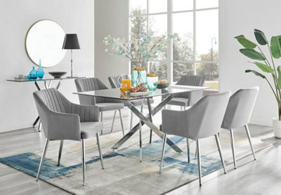 Furniturebox Uk Leonardo Glass And Chrome Metal Dining Table And 6 Grey Calla Silver Leg Velvet Chairs - image 1