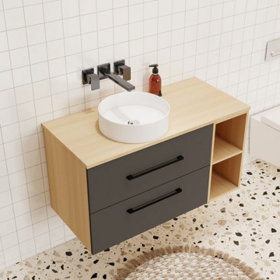 Probaty Bathrooms 990X460mm Vanity Unit Anthracite And Wood Color Mdf,wall Mounted,2 Drawers 4 Storage With White Ceramic Basin - image 1