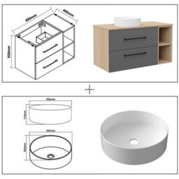 Probaty Bathrooms 990X460mm Vanity Unit Anthracite And Wood Color Mdf,wall Mounted,2 Drawers 4 Storage With White Ceramic Basin - thumbnail 8