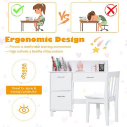 Gainoom Kids White Wooden Study Desk & Chair Writing Table W/drawer Storage Cabinets - thumbnail 7