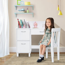 Gainoom Kids White Wooden Study Desk & Chair Writing Table W/drawer Storage Cabinets - thumbnail 4