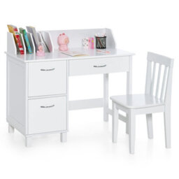 Gainoom Kids White Wooden Study Desk & Chair Writing Table W/drawer Storage Cabinets