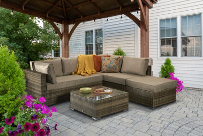Signature Weave Savannah Wicker Corner Sofa Chair Coffee Table Set Natural Brown - image 1