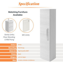 Plum&clay Emery Wall Hung Textured White Tall Bathroom Cabinet With Chrome Bar Handle (H)120Cm (W)35Cm - thumbnail 5