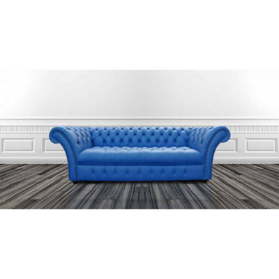Chesterfield 3 Seater Buttoned Seat Deep Ultramarine Blue Leather Sofa Bespoke In Balmoral Style - image 1