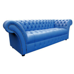 Chesterfield 3 Seater Buttoned Seat Deep Ultramarine Blue Leather Sofa Bespoke In Balmoral Style - thumbnail 4