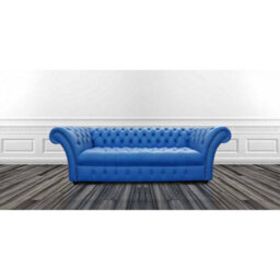 Chesterfield 3 Seater Buttoned Seat Deep Ultramarine Blue Leather Sofa Bespoke In Balmoral Style - thumbnail 1