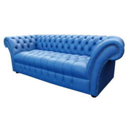 Chesterfield 3 Seater Buttoned Seat Deep Ultramarine Blue Leather Sofa Bespoke In Balmoral Style - thumbnail 3