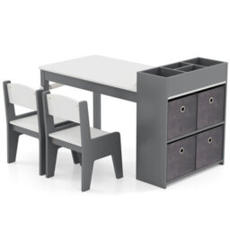 Costway Kids Art Table & Chairs Set Wooden Kids Craft Study Desk W/ Storage-Grey - thumbnail 8