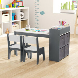 Costway Kids Art Table & Chairs Set Wooden Kids Craft Study Desk W/ Storage-Grey - thumbnail 9